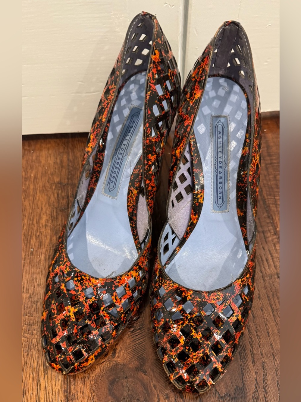 Black Pointed Cutout Heels with Orange Accent